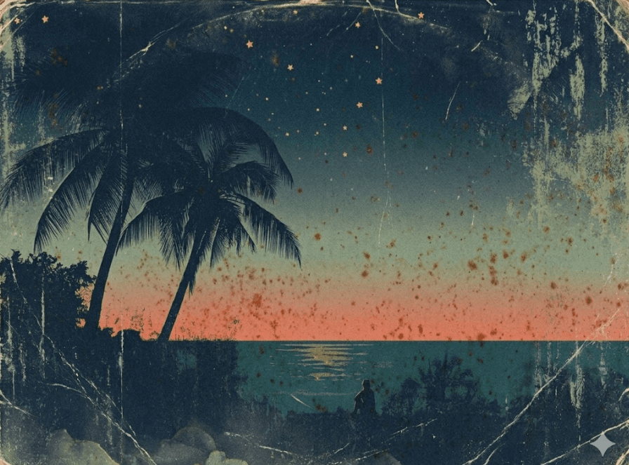 Sunset over a Samoan beach with palm trees and stars